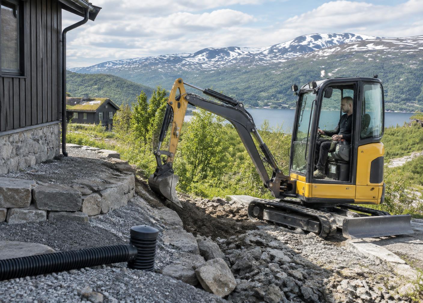 Minigraver utfører grunnarbeid ved en fjelleiendom
